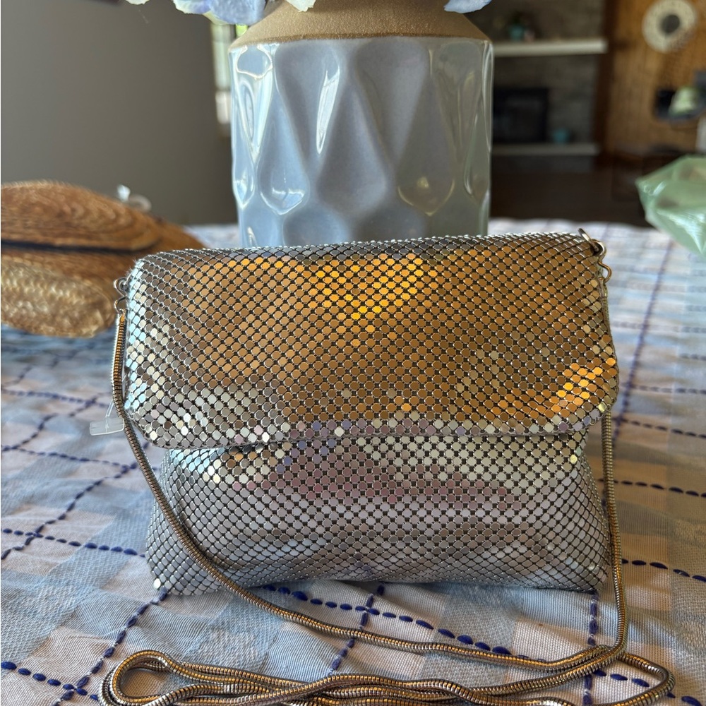 Silver Mini Bag with Chainmail Design and Fold-Over Flap